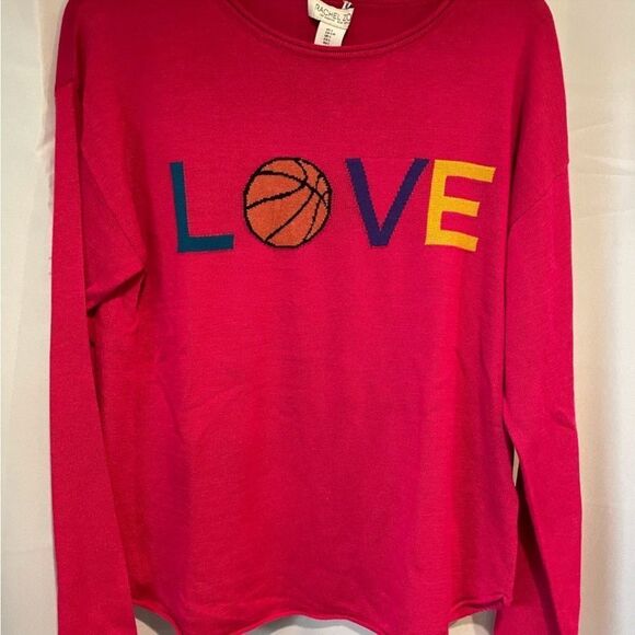 RACHEL ZOE “LOVE” BASKETBALL “O” HOT PINK SWEATER NWT SIZE M CASHMERE BLEND - Picture 1 of 7